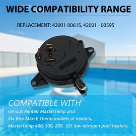 42001-0061s Pressure Switch, Air Flow Switch, Compatible with Pentair MasterTemp and Sta Rite Max-E Therm Models of Heaters, MasterTemp 400 300 200 125 Low Nitrogen Pool Heater, Comes with 2 Hoses