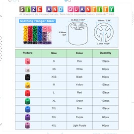 Glarks 820 piezas 9 colores 『XXS – 4XL』 Colgador de colores tamaño de ropa marcadores codificados por colores, juego surtido para ganchos de 2-4 mm utilizado para ganchos de alambre