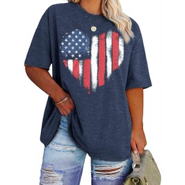 Plus Size Amrican Flag Heart Shirt Women Patriotic Graphic Tees 4th of July Tops USA Star Stripe Tee (DarkBlue,2XL)