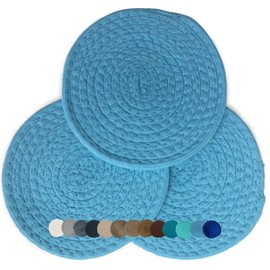 Trivets for Hot Pots and Pans - Kitchen Discovery 8" Chenille Trivets - Set of 3 Large Woven Pot Pads for Serving Hot or Cold Dishes and Protecting Your Table, Countertop or Island, Faded Denim