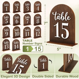 Woodamore Rustic Wedding Table Numbers 1-15 With Stand - Wooden Table Numbers For Wedding Reception, Arch Table Number Sign With Holder For Party, Restaurant Centerpieces Bridal Shower Decorations
