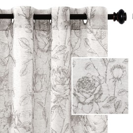 H.VERSAILTEX Boho Floral Linen Curtains, Semi Sheer Light Filtering Curtains, Drapes 63 Inch Length 2 Panels Set, Grommet Top Farmhouse Vintage Curtain, Print Pattern Treatments for Bedroom, Grey