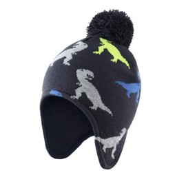 Home Prefer Toddler Boys Kids Fleece Lined Earflap Knit Winter Beanie Cap with Pom Dinosaur M
