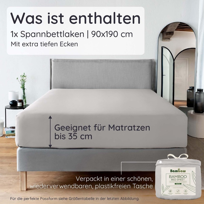 Bambaw fitted sheet, 90 x 190 cm, bamboo, 35 cm