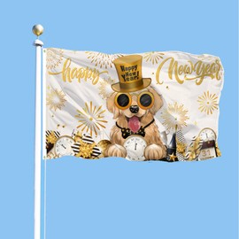 SENSEVEN Happy New Year Golden Retriever Dog Flag 3x5 Ft Double sided, Winter New Year Eve Outdoor Banner, New Year Dog Fireworks Clock Holiday Flag with Brass Grommets for Yard Porch Outdoor Decor