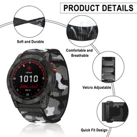 SumRioo QuickFit 26 mm Strap for Garmin Tactix 7 AMOLED/Fenix 7X Pro Solar/Fenix 7X/Fenix 6X GPS/Fenix 6X Pro, Nylon Replacement Strap for Garmin Fenix 5X Sapphire/Fenix 5X GPS - Camouflage Black