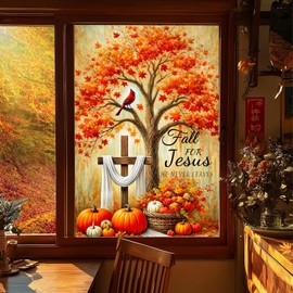 HOMETITUTE Fall Window Privacy Film24x36 Inch PVC Fall for Jesus Glass Sticker with Pumpkins Cross Red Cardinal Maple Tree Scene Static Thanksgiving Window Decal for Glass Door or Wall