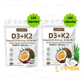 Gwynne Vitamina D3 10.000ui K2 Mk-7 200mcg,120cpsulas 2 En 1 Aceite De Coco Vrgenapoyo seo,inmunolgico Y Cardaco 2pcs
