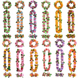 Lubibi 12 Set Hawaiian Garlands,Hawaiian Flower Necklace Flowers Bracelets Headband, for Tropical Hawaiian Party Theme Beach Party Hawaiian Night Bar Vacation Decorations Accessories for Adults Kids