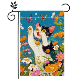 Fall Cat Garden Flag for Outside, Butterfly Flower Garden Flag, Welcome Summer Garden Flag 12x18 Inch Double Sided Burlap, Outdoor Yard Flag Decorations for Home（Only Garden Flag）