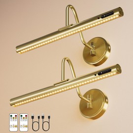 VOLISUN Picture Lights for Wall, 15.7'' Rechargeable Picture Light Battery Operated, 3 Color Temps Cordless Picture Light with Remote, Magnetic Art Light for Painting, Gallery, Portrait, 2 Pack(Brass)