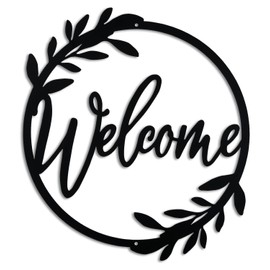 AERLO Metal Welcome Sign for Front Door - Large 13.5 inch Black Wall Decor - Indoor Outdoor Home Decor Perfect for Front Porch, Living Room, and Kitchen (Wreath Style)