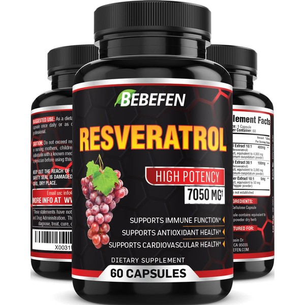 Suplemento de resveratrol – 98% transresveratrol – 7050mg fórmula píldoras con extracto de pimienta negra – 60 cápsulas para apoyar el envejecimiento saludable, sistema cardiovascular e inmunológico – Suministro de 2 meses