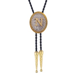 Western Initial Letter Bolo Tie for Men, Cowboy Rodeo ABCD to Z Leather Necklace, Cowgirl Western Accessory for Women (N)