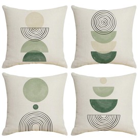 IcosaMro Boho Throw Pillow Covers 18x18 Set of 4 Mid Century Modern Geometric Cotton Linen Arch Sun Green Throw Pillow Case Decorative Cushion Cover for Couch Beadroom Sofa