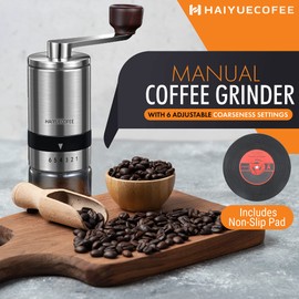 HAIYUECOFEE Manual Coffee Grinder with 6 Adjustable Coarseness Settings, Hand Crank Coffee Mill with Ceramic Burr for Espresso Beans, French Press, Pour Over, Drip Coffee – Rustproof, Non-Dulling