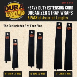 Dura-Gold Heavy Duty Extension Cord Organizer Strap Wraps, 6 Pack of Assorted Lengths - Storage Strap Holder for Cords, Hoses, Rope, Cables, Tools - Wall Hanger, Garage Organization Indoors & Outdoors