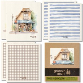 Granola Gear Swedish Dishcloths for Kitchen 6-Pack, Made in Sweden, Reusable Paper Towels, Washable Sponge Dish Wash Cloths, Cellulose Cotton, Watercolor Art-Coffee Shop