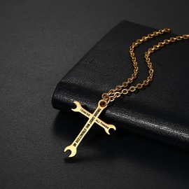 OIDEA Men's Cross Bible Necklace: Bible Prayer Cross Pendant with Wheat Chain Christian Cross Chain Biker Venetian Chain Religious Jewellery Gift for Men Father Friend, Stainless Steel