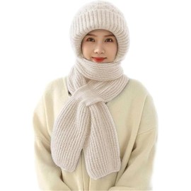 Vmhkjo Integrated Ear Protection Windproof Cap Scarf, Knitting Thickening Hat Winter, Winter Fashion Warm Knitted Hat, 2 in 1 cap scarf women, beige, One size