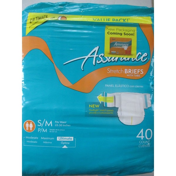 Assurance Stretch Briefs with Tabs, Ultimate Absorbency, Small/Medium, 40 count (UNISEX)