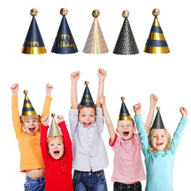 BIAEHIPATE 5Pcs Happy Birthday Party Cone Hats Paper Gold Foil Cone Hats for Kids Adults Multicolor (Golden)