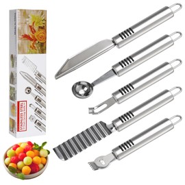 BURLIHOME Stainless Steel Fruit Carving Knife Set, 5 Pack Vegetable Engraving Blades for Kitchen, Melon Baller Scoop,Lemon Zester, Garnish Peeler,Crinkle Knife,V-shape Cutter