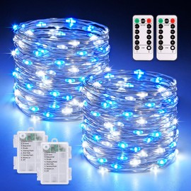 JMEXSUSS 2 Pack 100 LED Blue and White Fairy Lights Battery Operated, 33ft Blue and White Christmas Lights with Remote, 8 Modes Battery Powered Twinkle String Lights for Bedroom Christmas Tree Decor