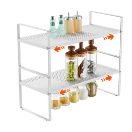 DPZM 16.5-27’’L 2Pack Expandable Kitchen Counter Shelf, Stackable Shelves for Storage Cabinets, Adjustable White Metal Spice Rack Riser Countertop Organizer for Pantry and Cupboard