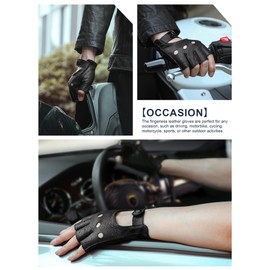 GSG Mens Fingerless Driving Riding Half Finger Leather Gloves Lambskin Unlined Black,L