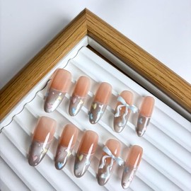 Yabonica Long Press On French Tip Nails Oval 10Pcs Reusable Pre Designed Press On Nails- Luxury Glue On Nail with Cute Design,Acrylic Stick On Nails for Women Girls Gift(062, S)