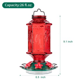 Billion Sky Hummingbird Feeder for Outdoors, Lantern Shaped Bottle, 6 Simulation Flowers Feeding Ports, 26 fl.oz, Hanging for Garden Yard, Rust Proof, Red(Ant Moat Included)