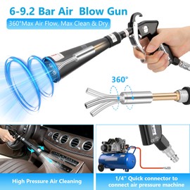 MYPIN Car Cleaning Gun, 6-9.2Bar Dry Blow Gun, High Pressure Compressed Air Blow Gun, Interior Car Cleaning with 2 Nozzles for Vehicle Car Carpet Dashboard Seat Upholstery (Black)