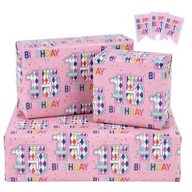 RUSPEPA Birthday Wrapping Paper Sheets with Gift Tags for Teenager Girls' Birthday Gift Wrap, 3 Fold on Sheets Each Set, 50x70cm, Age 15