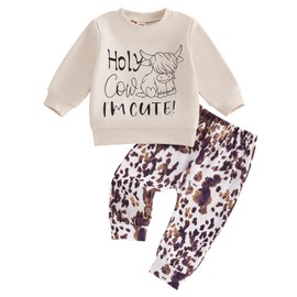 Western Baby Girl Boy Fall Clothes Holy Cow I'm Cute Sweatshirt Cow Print Pants Set 2Pcs Cowboy Cowgirl Outfit (Ivory, 12-18 Months)