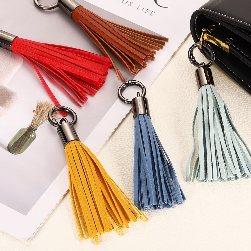 uxcell 4Pcs Leather Keychain Tassels, Women Tassel Bag Charm for