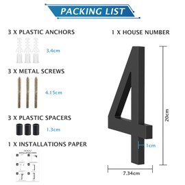 DEWEL Acrylic House Numbers, 20.3 cm / 8 Inch Large House Number, 3D Effect Door Number in Modern Style, Weatherproof, for Outdoors, Door, Mailbox, with Screws (Black, Number 4)