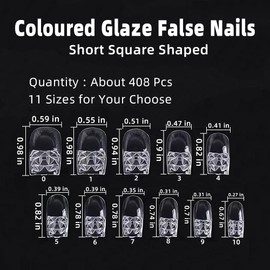 Colored Glaze Square Shaped False Fake Nails Concave Convex Acrylic Nails Full Cover Clear Artificial Nails for Nail Salons and DIY Nail Art (About 456 Pcs with box)