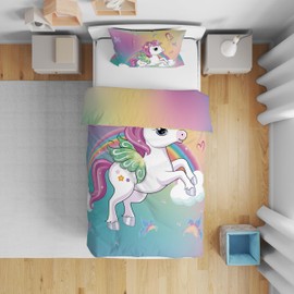 DJDEA Unicorn Cot Bed Duvet Cover Set 120x150cm, Toddler Bedding Set Rainbow Background for Girls Children Duvet Cover Set Microfiber Quilt Cover Matching Pillowcase 40x60cm