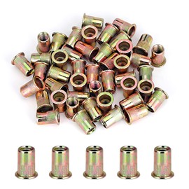 3/8''-16UNC 50pcs Rivet Nut Kit,Carbon Steel Flat Head Rivnut Threaded Insert Nut Set,Knurled Body,Yellow Zinc Plated Finish