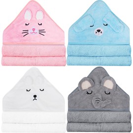 YFNVH Pack of 4 Hooded Towels for Babies, 80 cm Soft Coral Fleece Bath Towels for Newborns, Toddlers & Children with Cute Animal Motifs - Elephant, Bear, Kitten, Dog