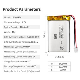 ViCep 3.7V Lithium Polymer Battery 2000mAh 103454 Rechargeable with Wires and JST-PHR-02 2-Pin Connector for Bluetooth Speaker and Wireless Device- Confirm Size & Polarity Before Purchase