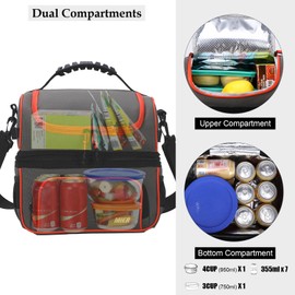 MIER 2 Compartment Lunch Bag Tote with Shoulder Strap for Men and Women Insulated Leakproof Cooler Bag, Grey/Orange