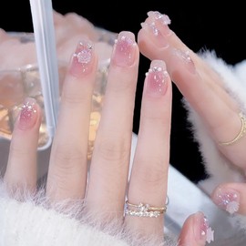 Short Nail Tips, Set of 24 Pieces, Fake Nails, Gradation, Pink, Pearls, Flowers, Skin Color, 3D Nail Stickers, Silver Foil, Nails, Popular, Japanese Style, Cute, Simple, Fashionable Party, Autumn