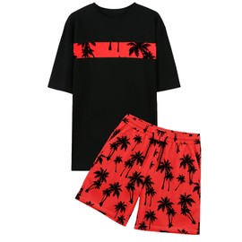 VahRuta Mens Beach Outfits with Coconut Printed Summer 2 Piece Short Set Hawaiian Vacation Outfits for Men Red M