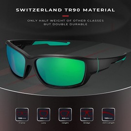 Carfia - anteojos de sol deportivas polarizadas para hombre, ciclismo, pesca, correr, golf, béisbol, irrompibles, marco TR90 importado, R1: Espejo verde con marco negro mate, Talla unica