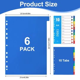 1-10 Part File Dividers A4【6 Pack】 Plastic A4 Folder Dividers for Ring Binders with11-Holes, Multi Colours File Divider for Lever Arch, Multipurpose Porous Index Dividers for School Home Work Office