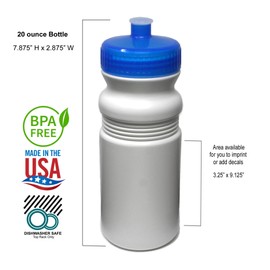Rolling Sands 20 Ounce Sports Water Bottles 6 Pack, BPA-Free, Made In USA, Dishwasher Safe, White Bottles/Blue Lids