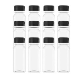 AQSXO 12 Pcs 2 OZ Mini Plastic Juice Bottles, Reusable Bulk Beverage Containers, Comes Black lid, for Juice, Milk and Other Beverages.