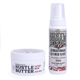 Hustle Butter Deluxe 150ml and Hustle Bubbles Deluxe Foam Wash 207ml – vegan tattoo care for before, during & after tattooing – cruelty-free, paraben-free, suitable for all skin types
